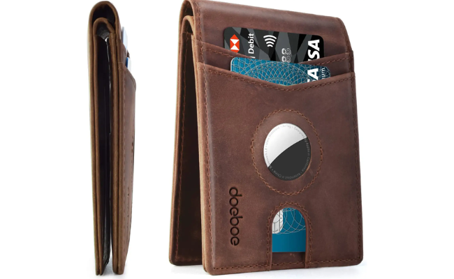 doeboe Airtag Wallet Men, Wallet for Men with Airtag Holder, Genuine Leather Credit Card Wallet, Bifold Slim Wallet for Air Tag GPS Tracker, RFID Minimalist Front Pocket Wallet 