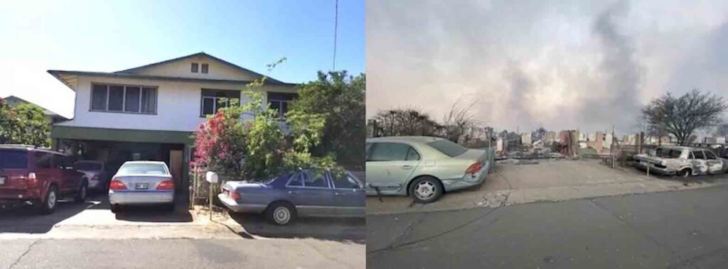 Rick Nava, a Filipino community leader in Maui, lived in Lahaina since the 1970s. This is his house before and after the wildfires. (Courtesy of Rick Nava)