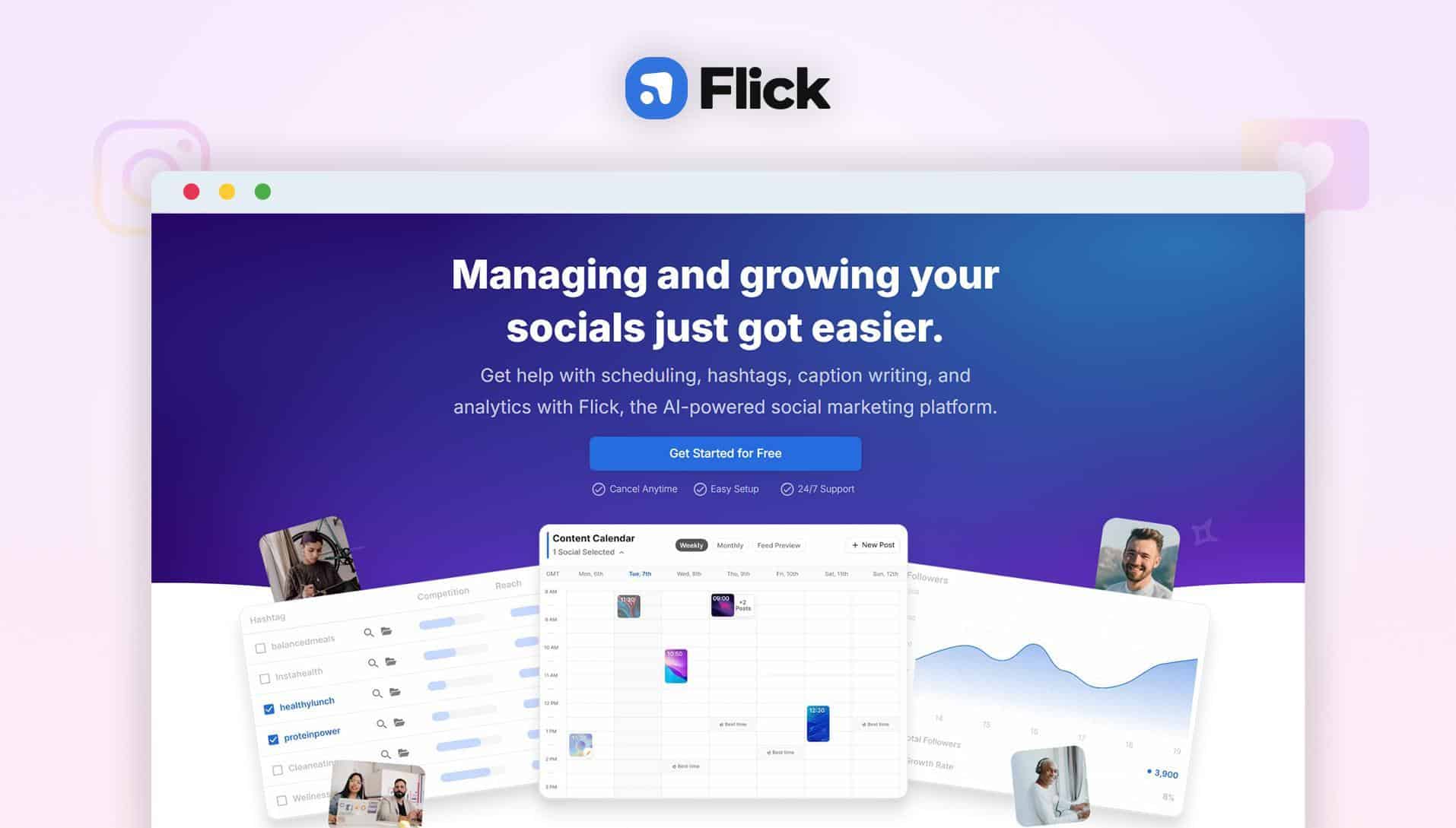 Flick’s dashboard featuring tools for managing hashtags, social scheduling, and content performance analytics for Instagram growth.
