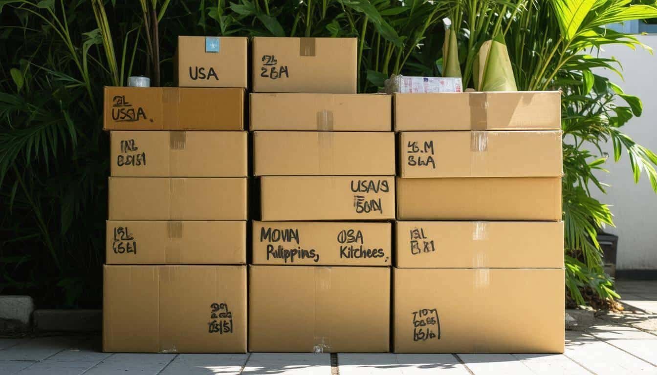 Stack of labeled cardboard moving boxes prepared for international shipping from the USA to the Philippines, placed outdoors near tropical plants
