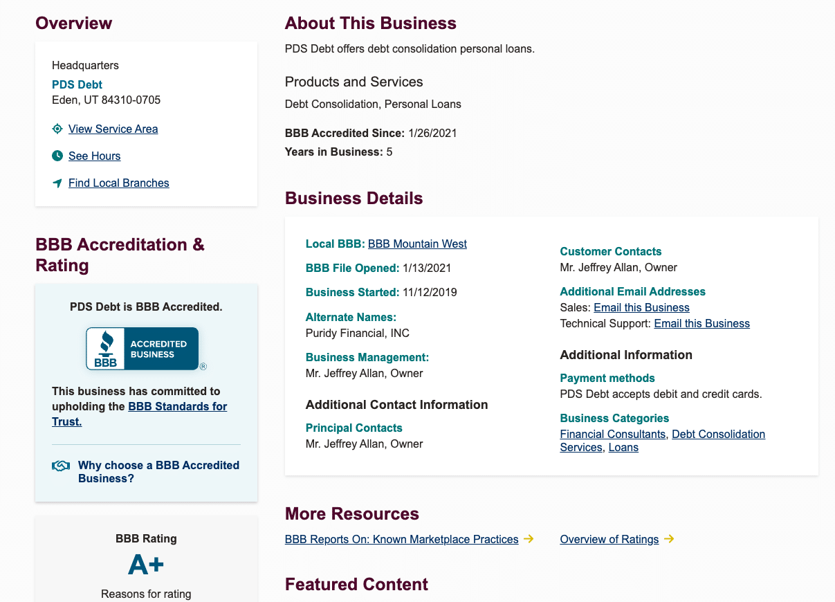 PDS Debt Better Business Bureau profile showing A+ rating, business details, and accreditation information.