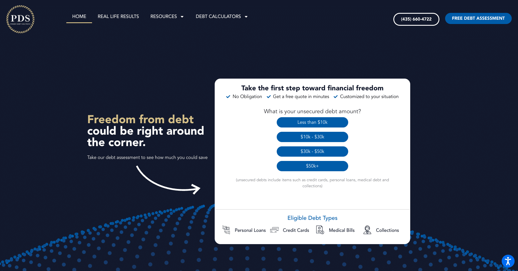 PDS Debt online assessment form for unsecured debt, highlighting history and overview of services.