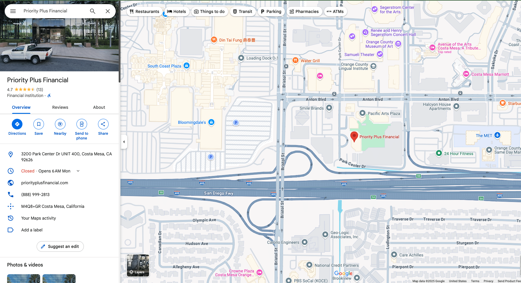 Google Reviews page for PriorityPlus Financial with 4.2 rating and map showing company location in Costa Mesa, California.