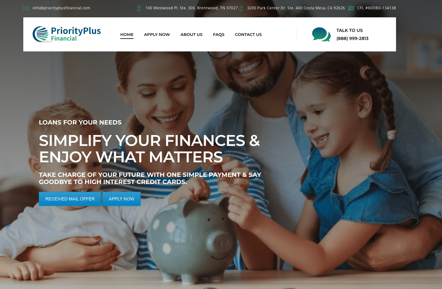 Screenshot of PriorityPlus Financial homepage showing a family and promotional message for simplifying finances with loan matching services.