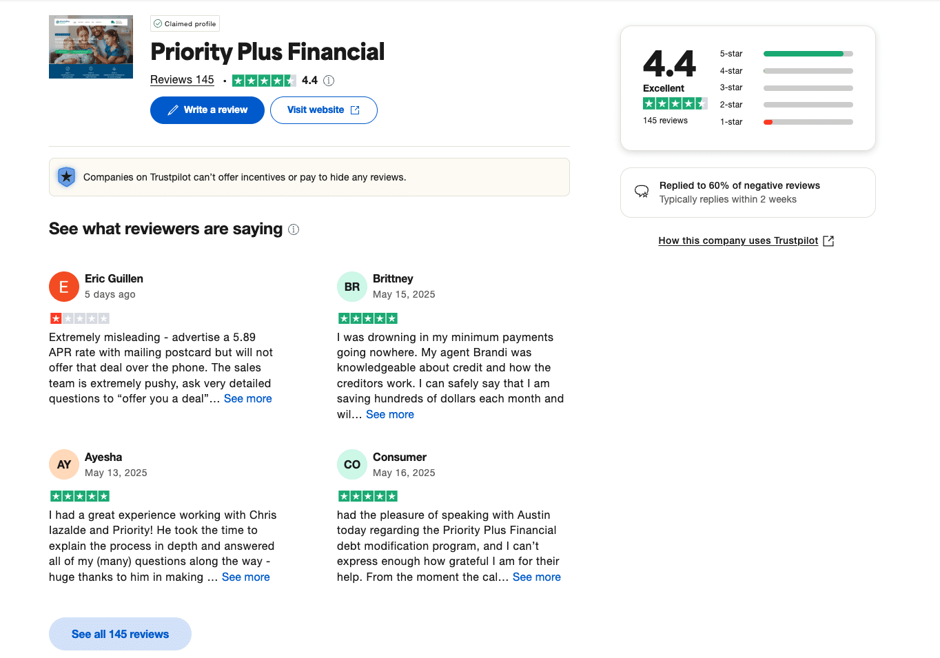Trustpilot reviews and rating for PriorityPlus Financial highlighting user feedback and a 4.4 out of 5 score based on 119 reviews.