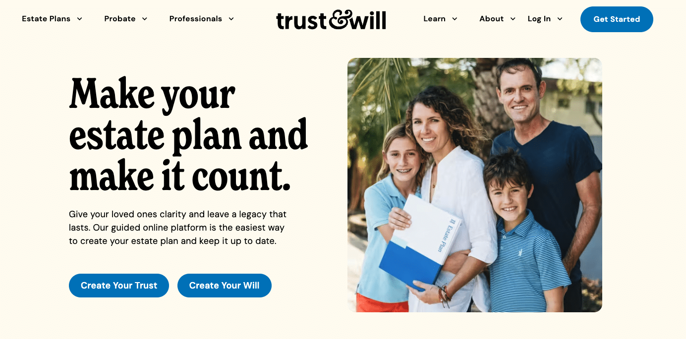 Trust & Will homepage screenshot with a family and buttons to create a trust or will