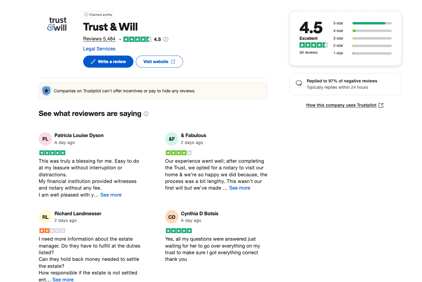 Trustpilot reviews for Trust & Will highlighting user ratings and feedback