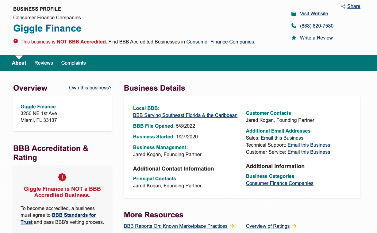 BBB profile for Giggle Finance indicating it is not accredited, with reviewer red flags about high costs, unpredictable repayments, and surprise fees.