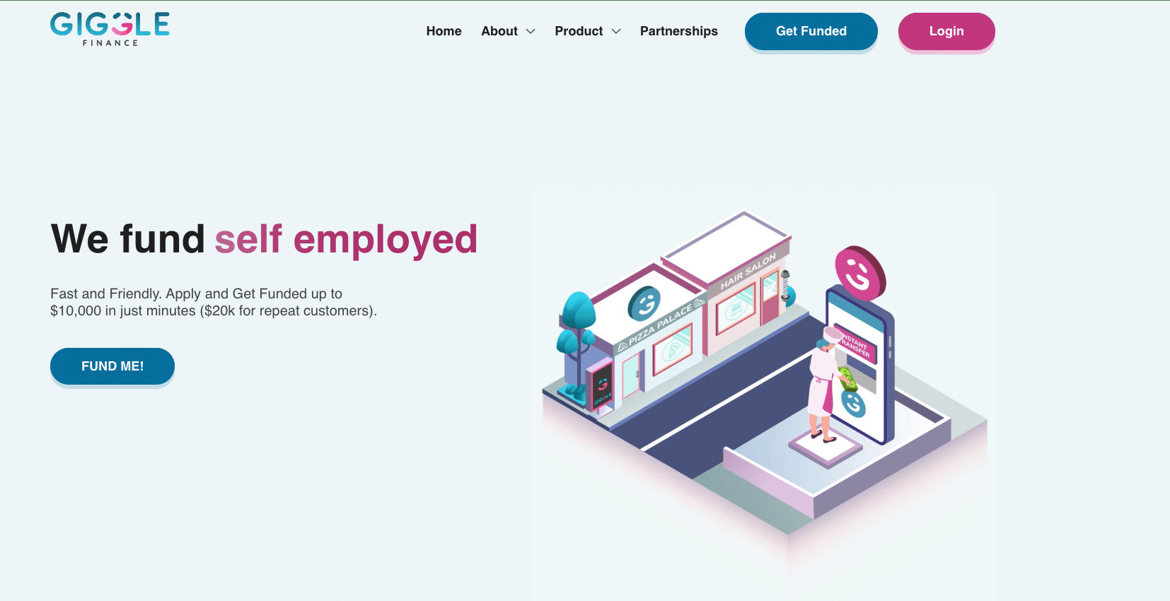 Giggle Finance homepage section promoting cash advances up to ,000 for self-employed individuals, with a visual of a digital storefront.
