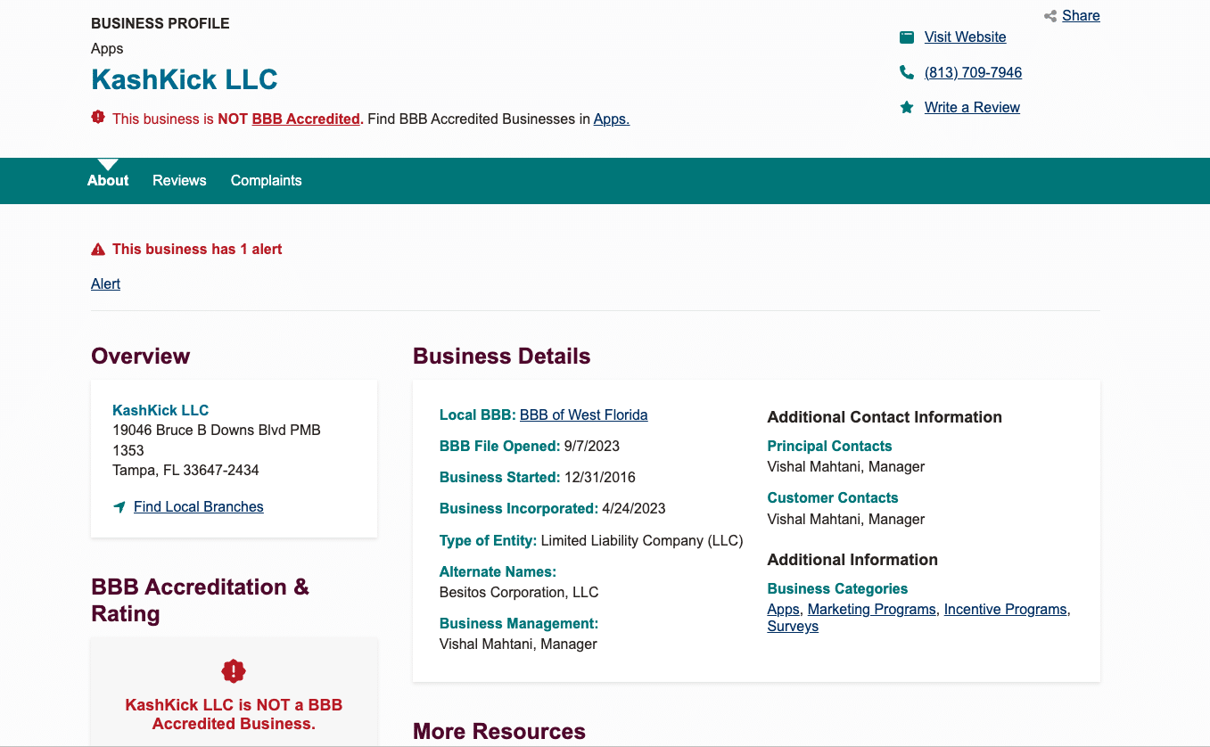 BBB business profile of KashKick LLC showing non-accreditation status, alongside a list of cons including low pay and unreliable payouts.
