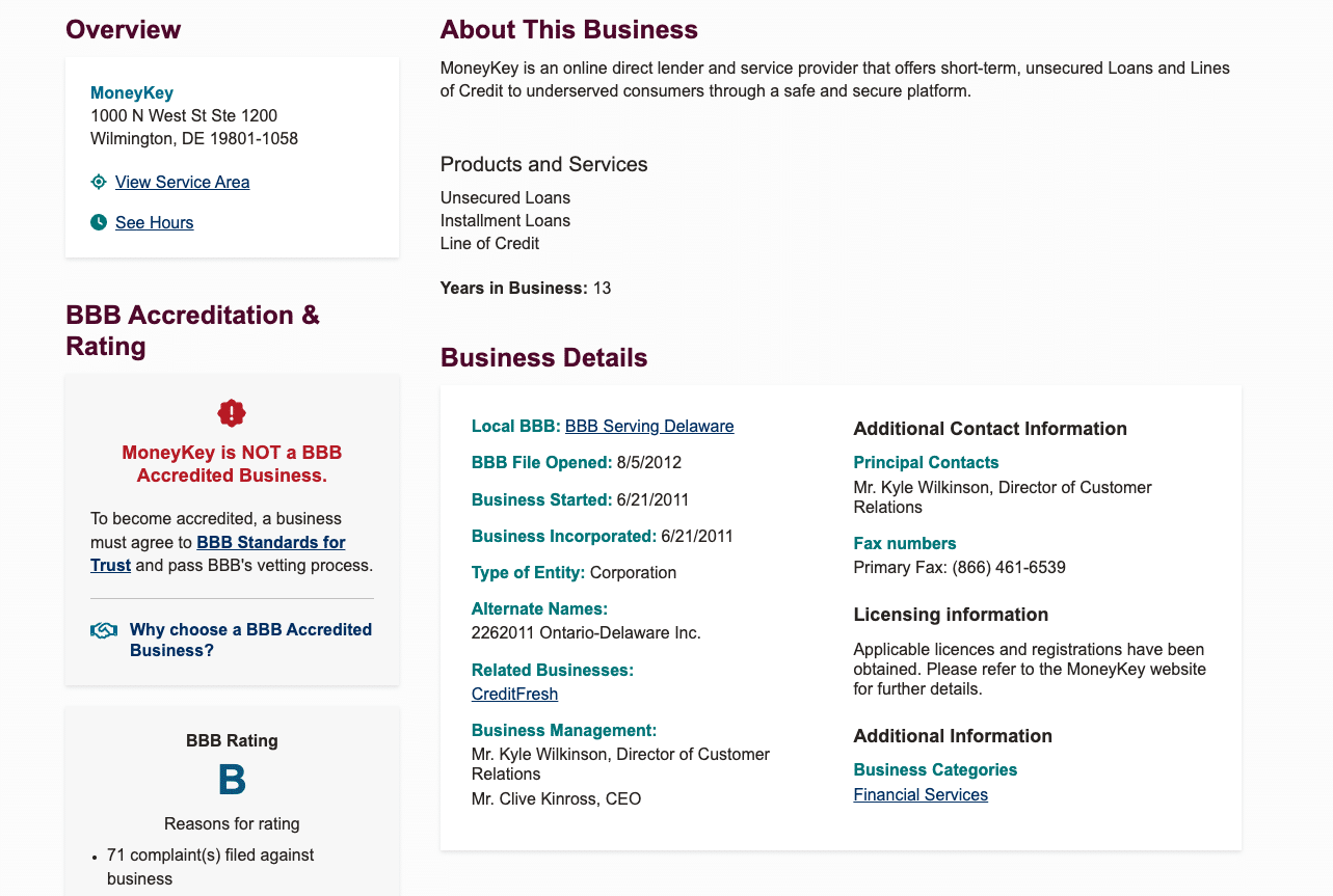BBB profile screenshot of MoneyKey showing B rating, non-accreditation status, and company business details including years in operation.