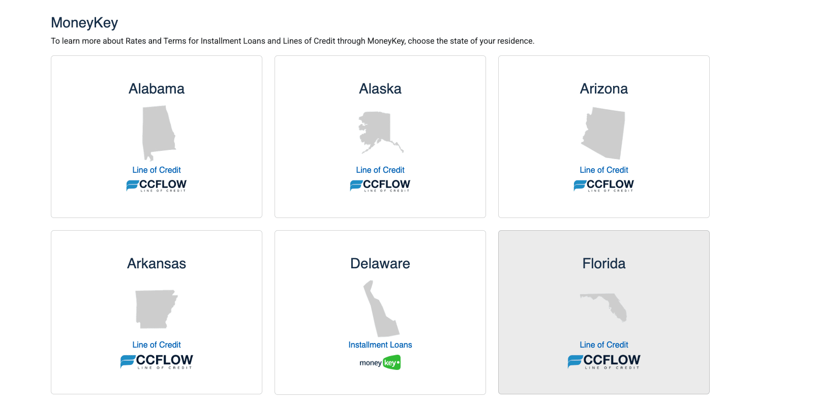 MoneyKey loan availability by state for 2025 showing line of credit and installment loan options via CC Flow and MoneyKey.