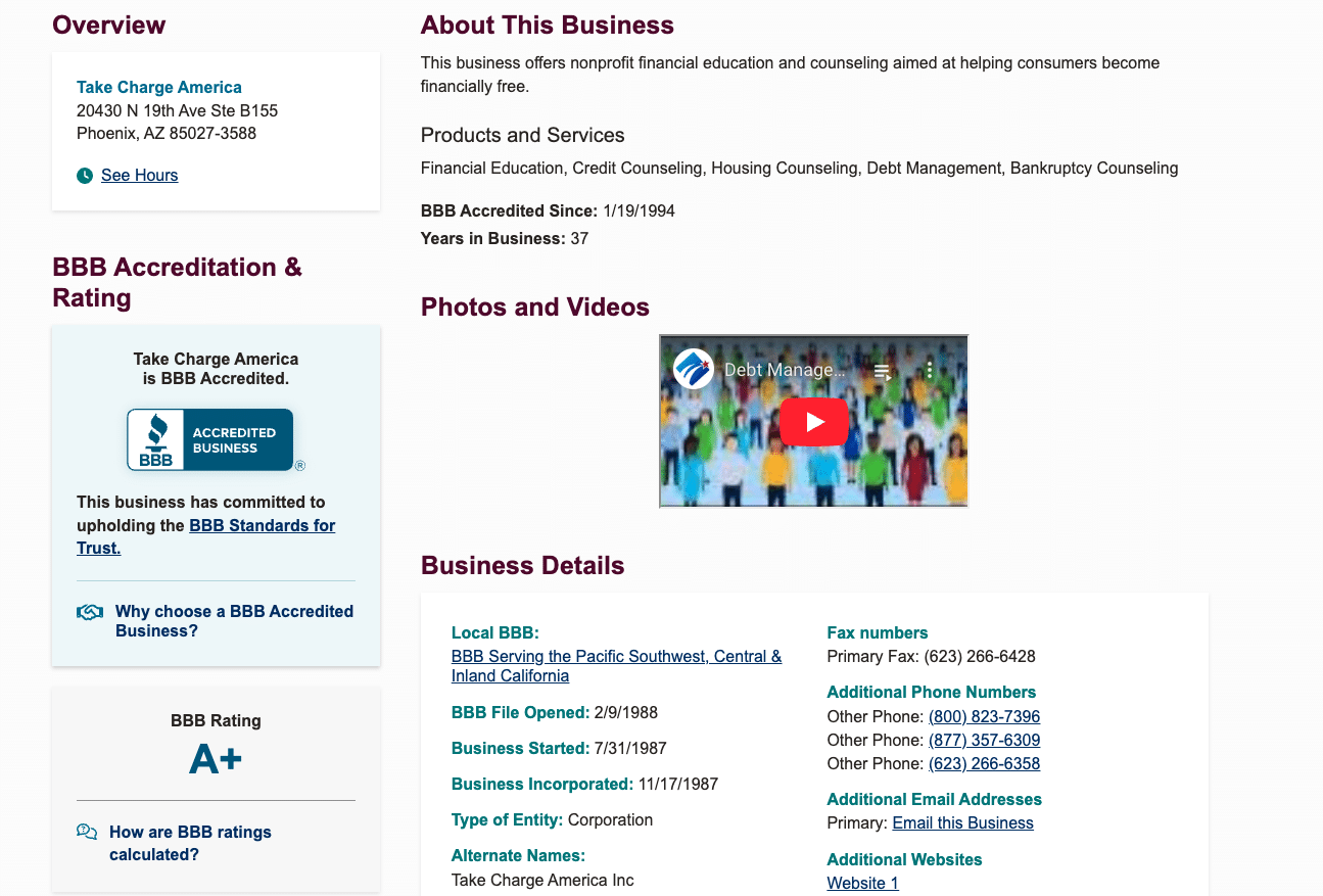 Take Charge America BBB profile with A+ rating, years in business, and professional certifications like HUD and AFCPE.