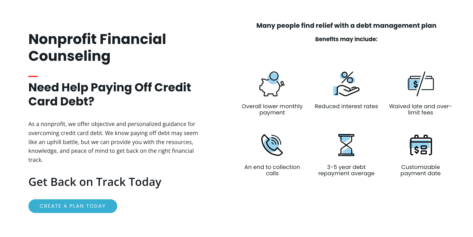 Take Charge America graphic explaining who benefits most from debt management plans, including lower monthly payments and reduced interest.